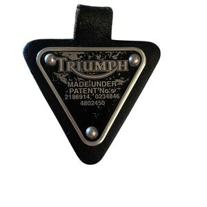 Vintage Triumph Plate Key Fob Black silver key chain charm on leather .